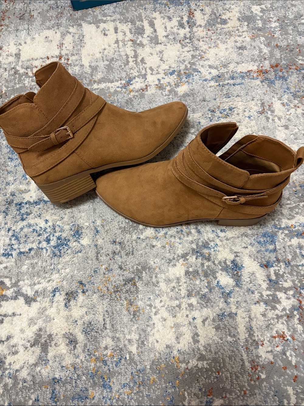 Women's Cognac Faux Suede Buckle Ankle Booties